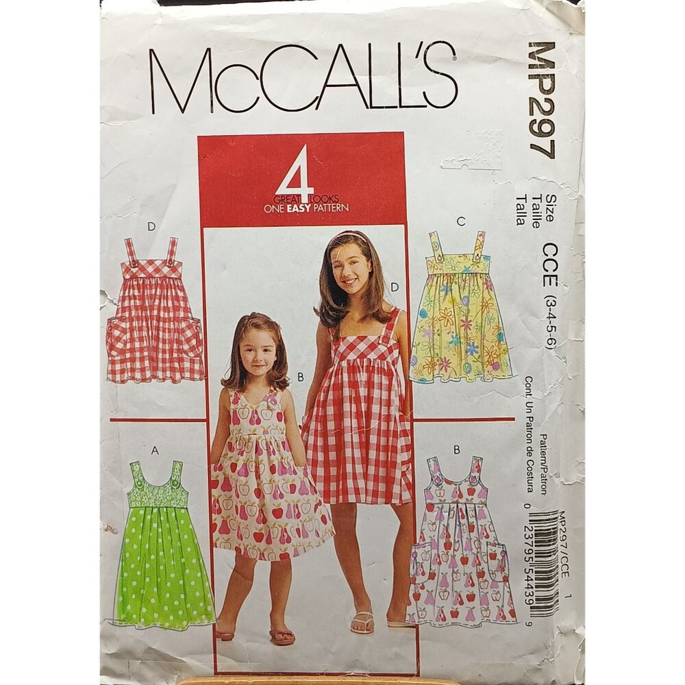 McCalls MP297 Girls Dress Sewing Pattern Size CCE (3-4-5-6) 4 Looks Vintage 1990
